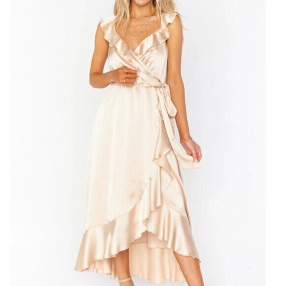 Show Me Your Mumu Samantha Ruffle Wrap Dress Champagne Bridesmaid SMYM Large